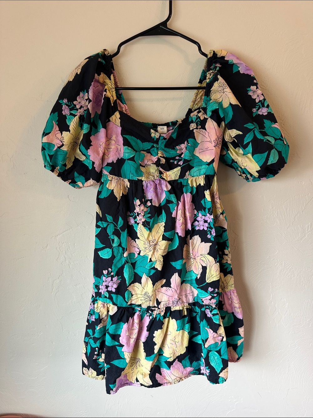 Billabong Black Floral Puff Sleeve Dress with Teal, Yellow & Pink Flowers